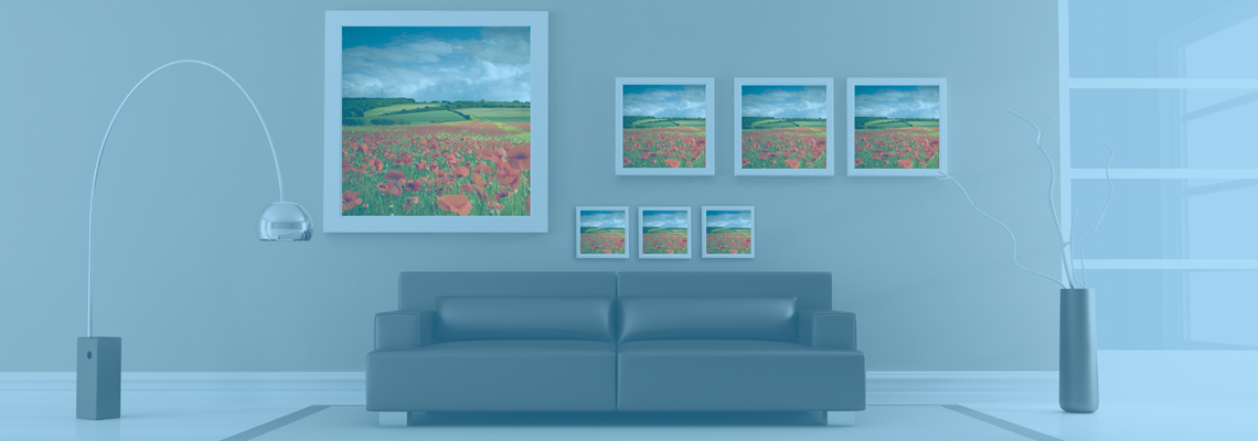 A blue-toned rendering of a living room with a leather sofa, floor lamp, and a wall decorated with multiple framed poppy prints